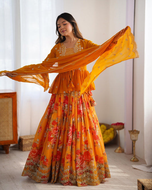 Orange color georgette lehenga choli with koti