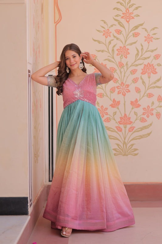 Multi color gold crush gown for party