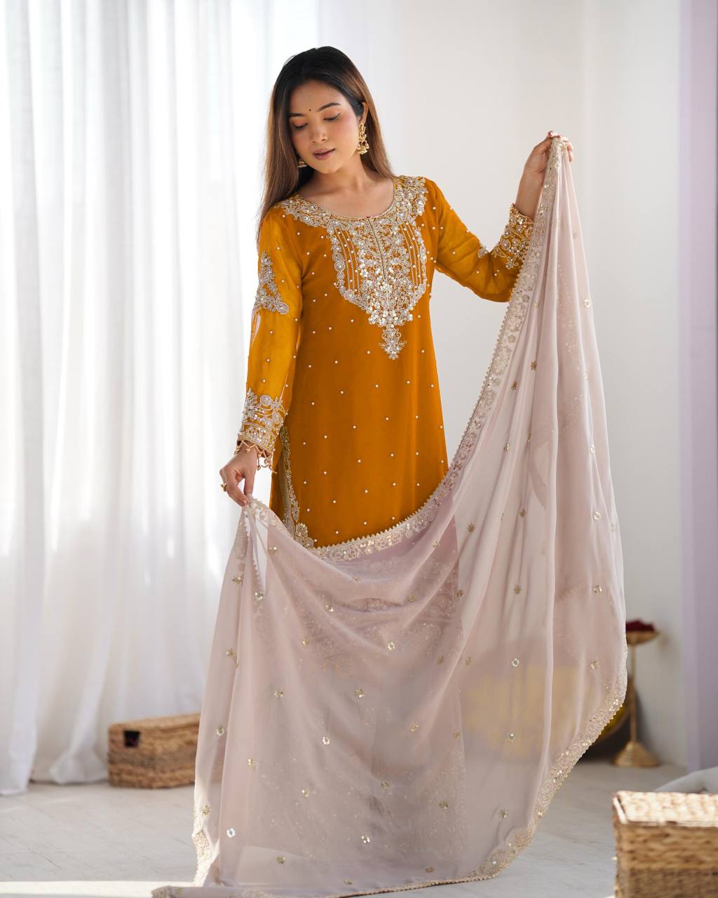 Yellow georgette sharara suit with dupatta online shopping
