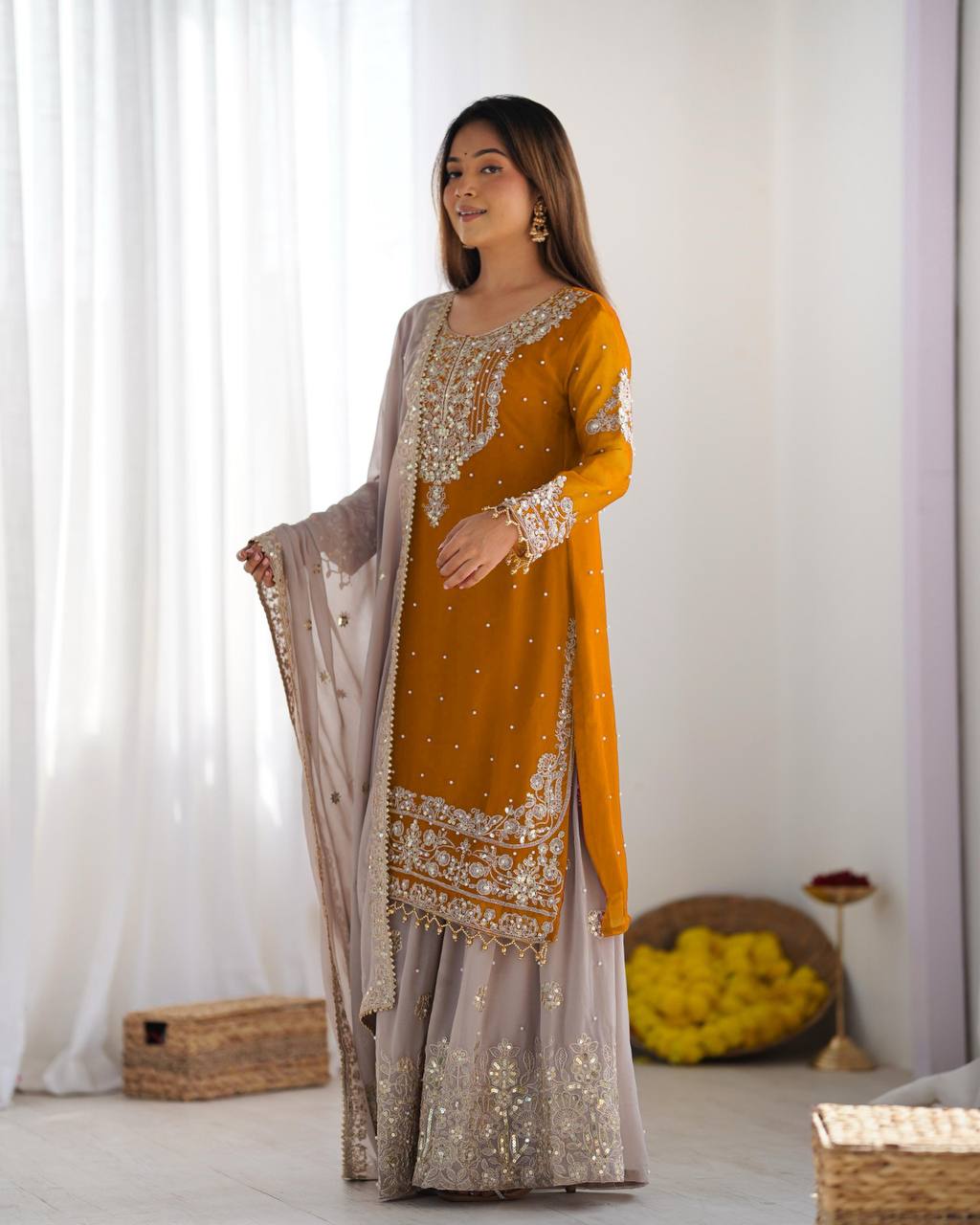 Yellow color georgette sharara suit with dupatta online