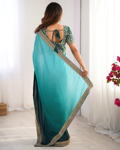 Rama color chinon silk saree with blouse online