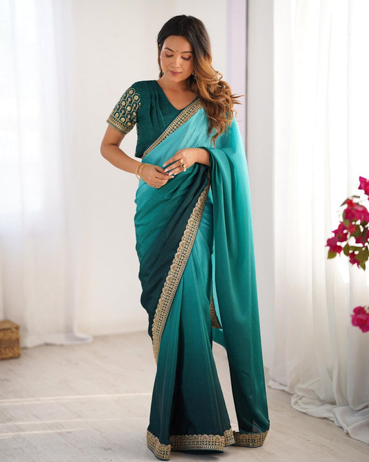 Rama color chinon silk saree for women