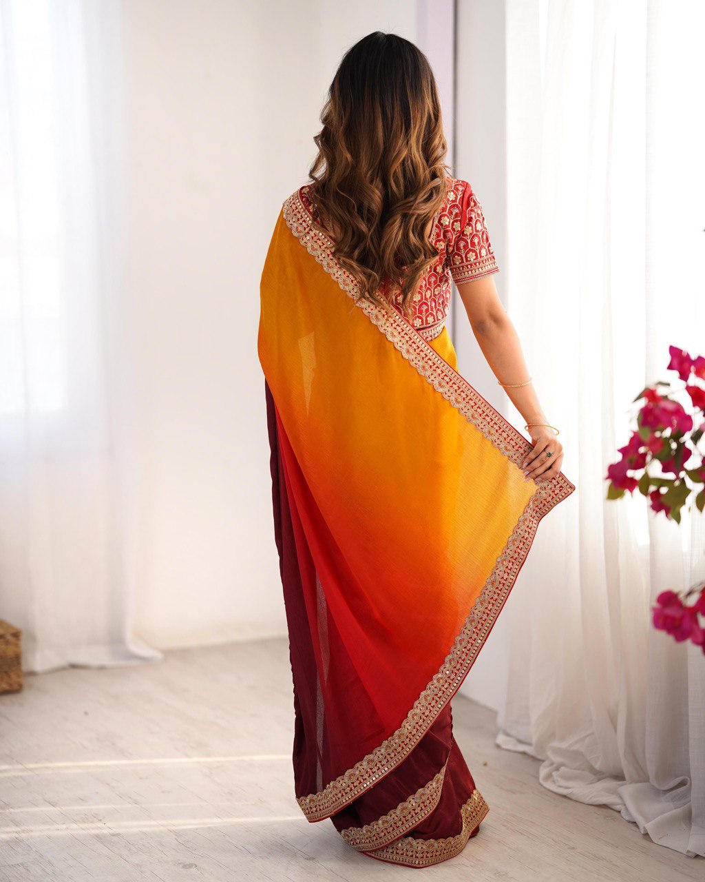 Orange chinon silk saree wth blouse online shopping