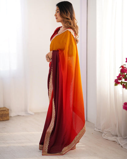 Orange color chinon silk saree wth blouse online