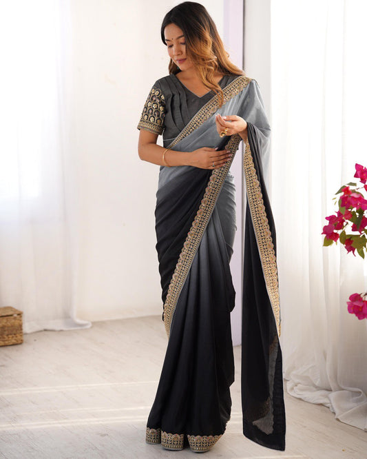 Black color chinon silk saree for women