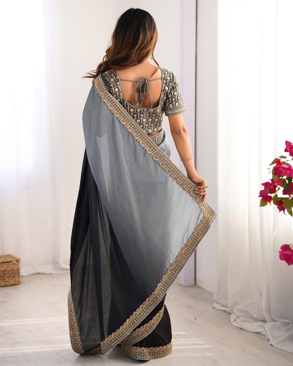 Black color chinon silk saree with blouse online shopping