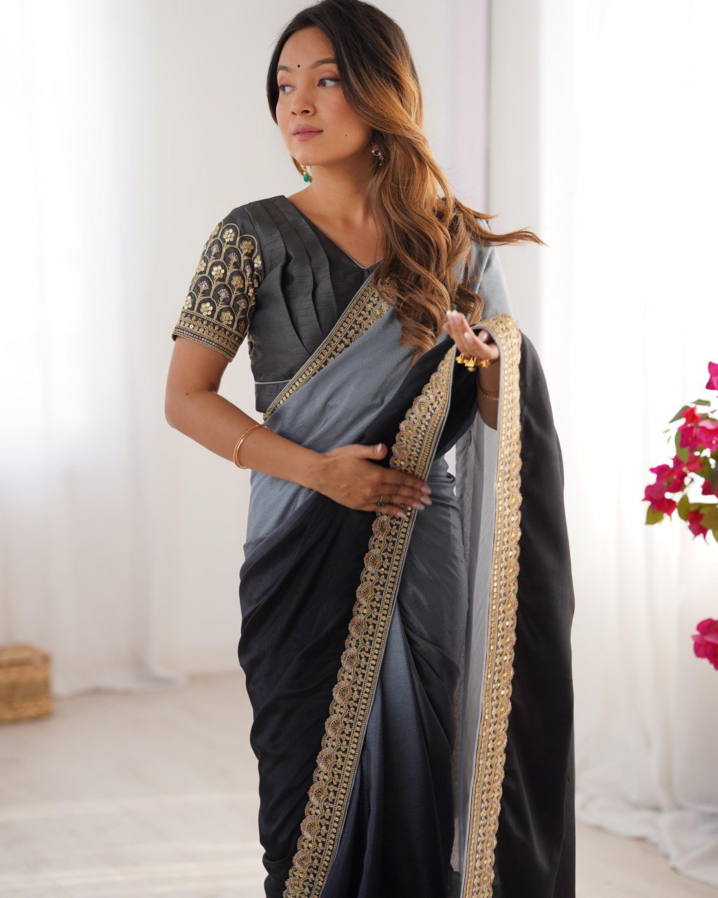 Black color chinon silk saree with blouse images