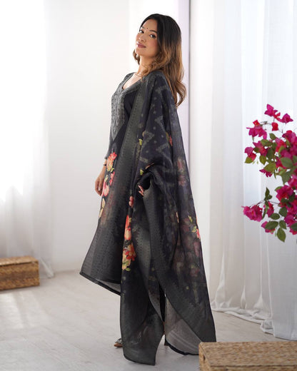 Black color chanderi silk salwar suit with dupatta
