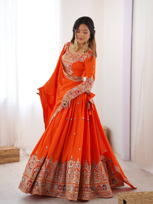 Orange natural crep silk lehenga choli for women