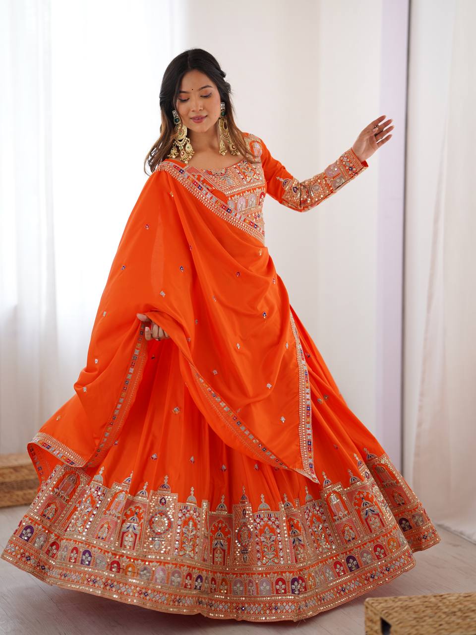 Orange natural crep silk lehenga choli online
