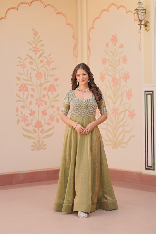 Green color fendy long gown for women
