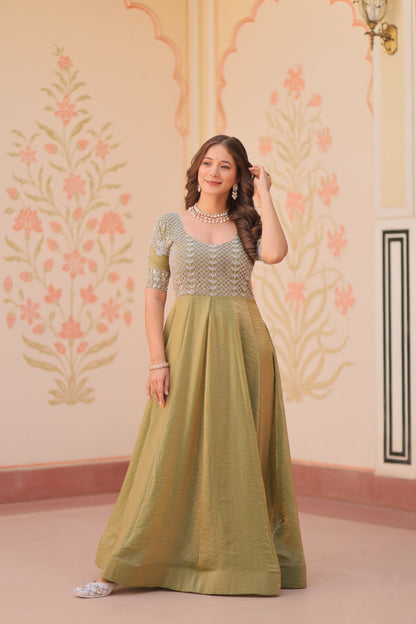 Green color fendy long gown with online
