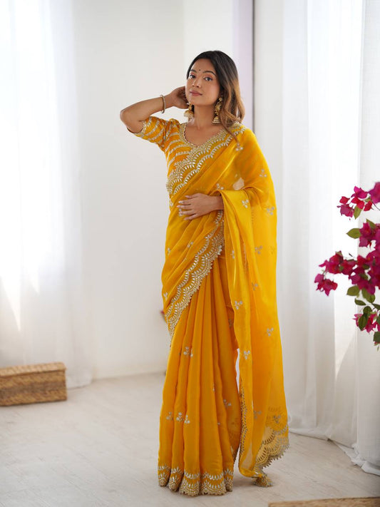 Yellow color jimmy choo saree for women