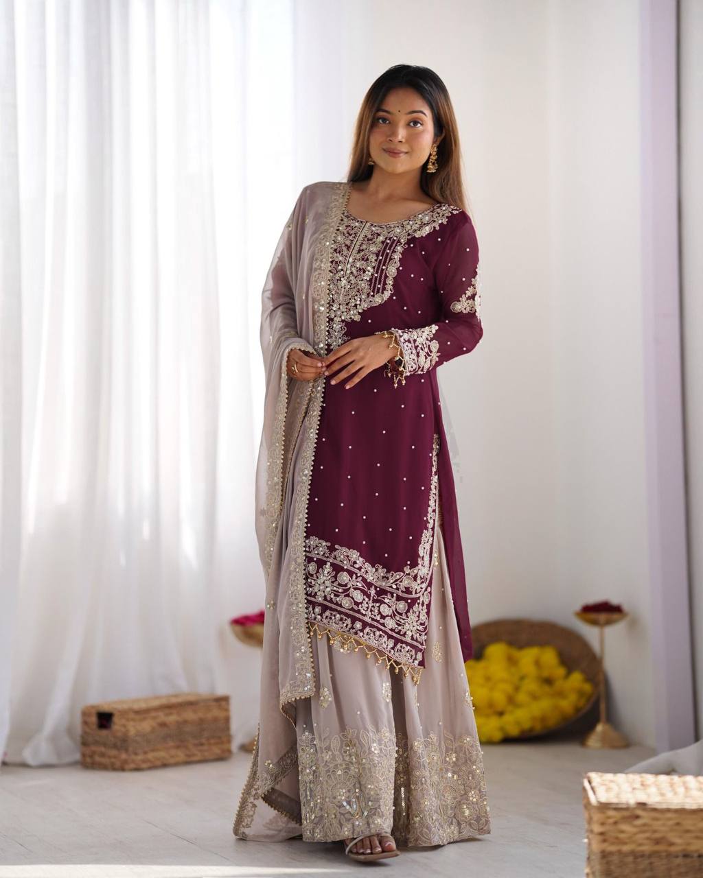 Wine color georgette sharara suit with dupatta price