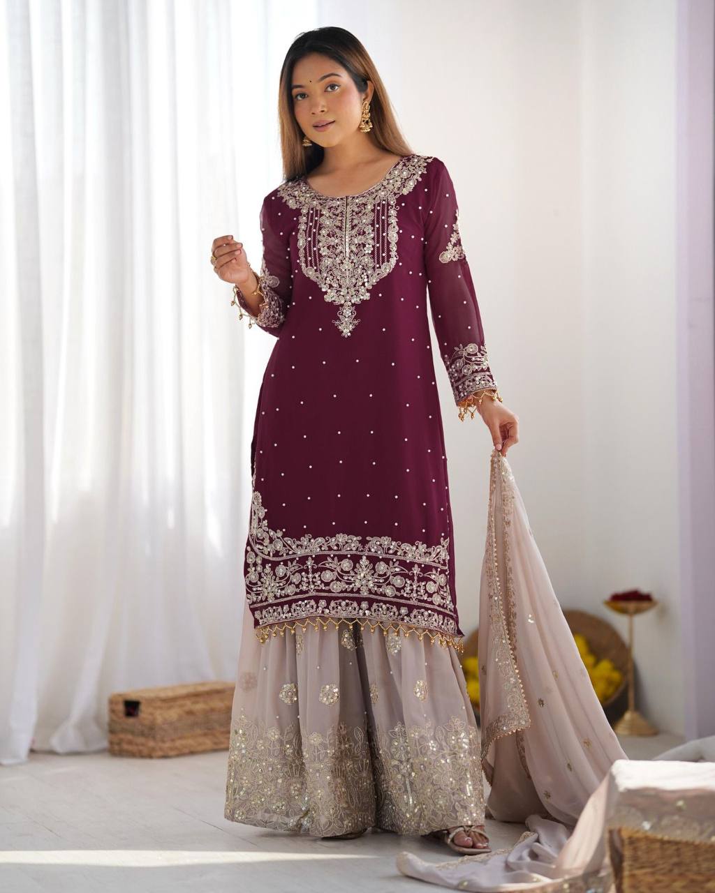 Wine color georgette sharara suit online shopping