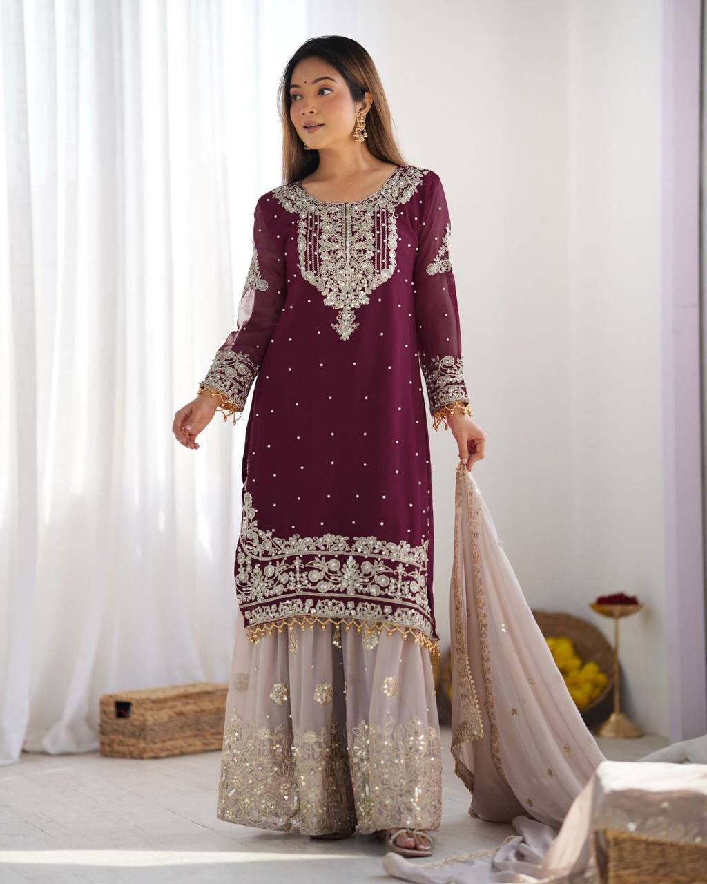 Wine color georgette sharara suit for wedding