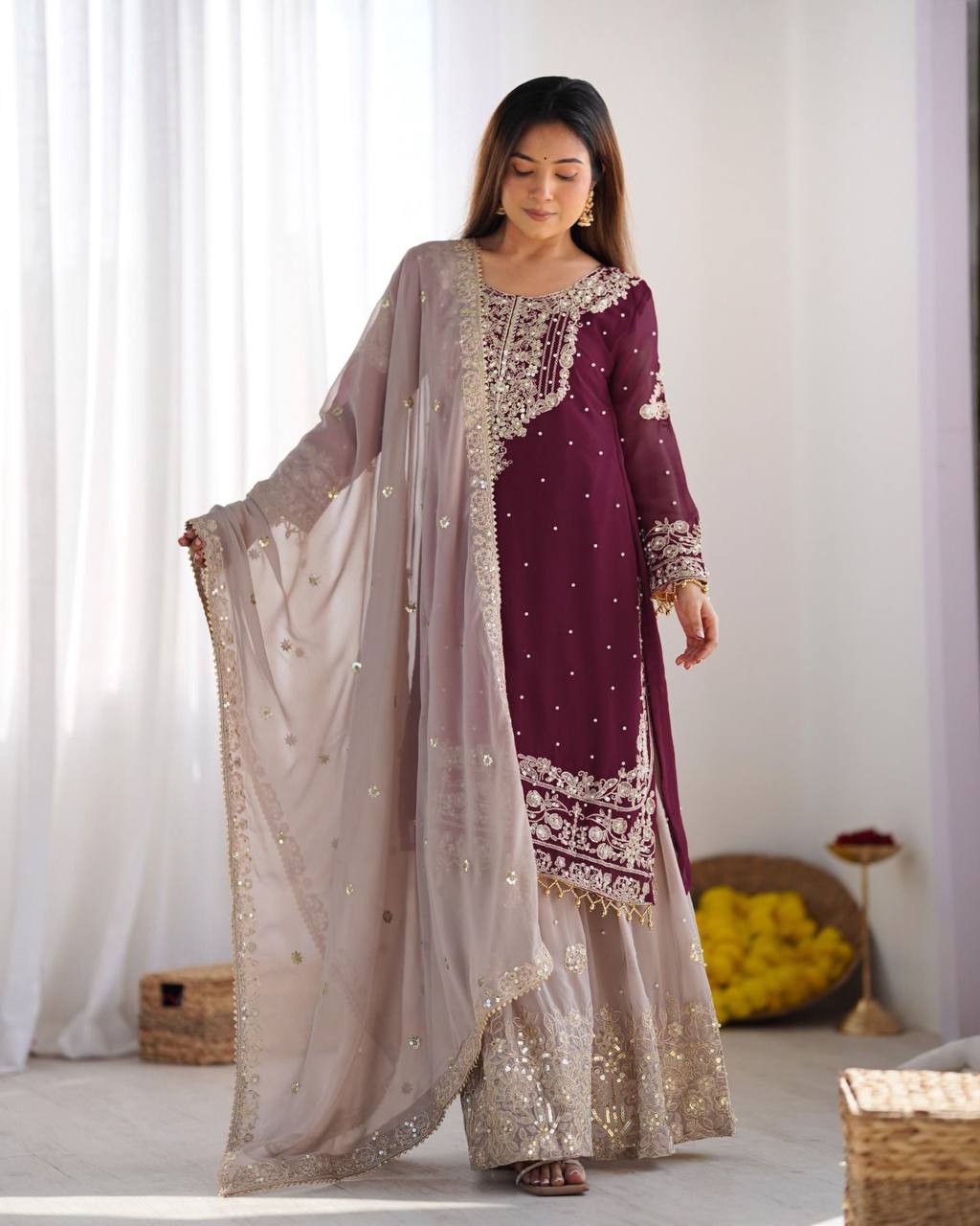 Wine color georgette sharara suit for women