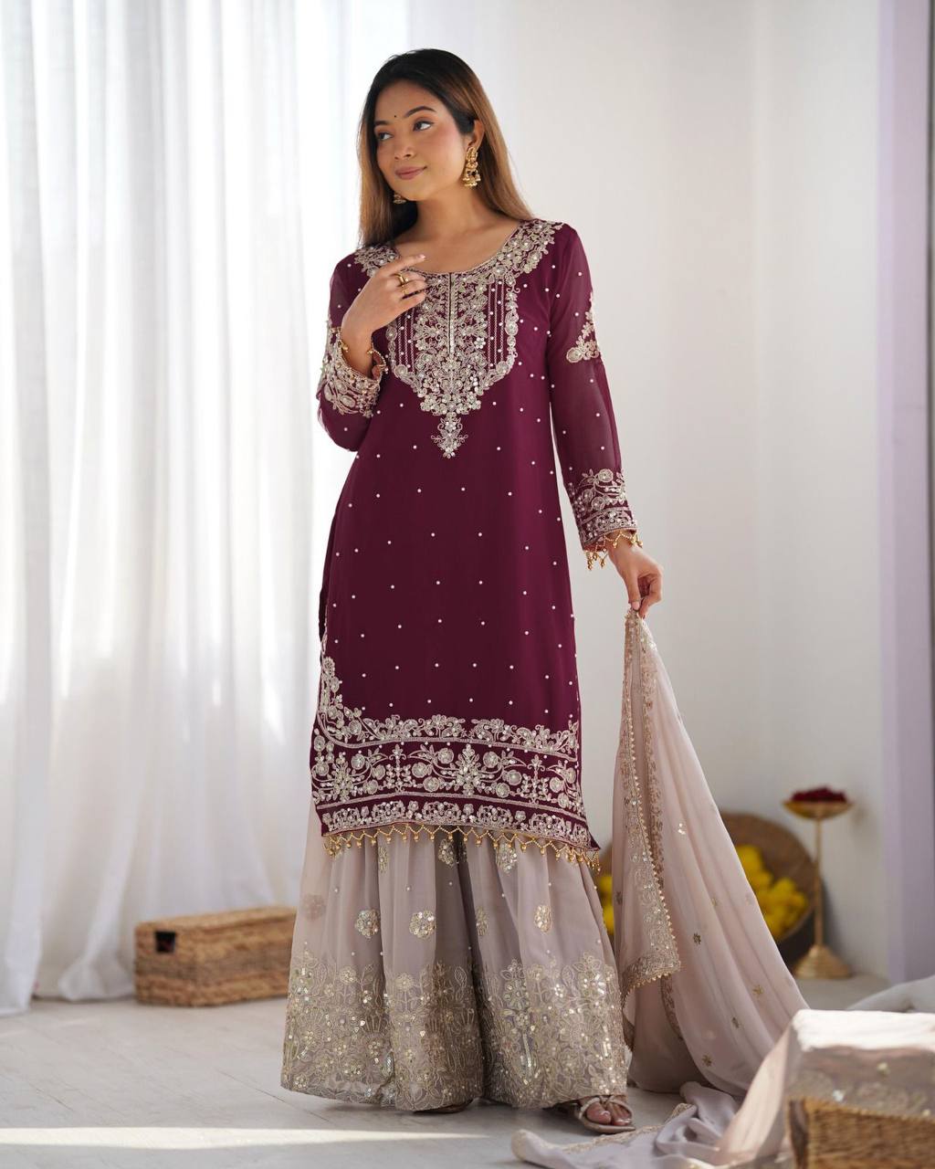 Wine color georgette sharara suit with dupatta