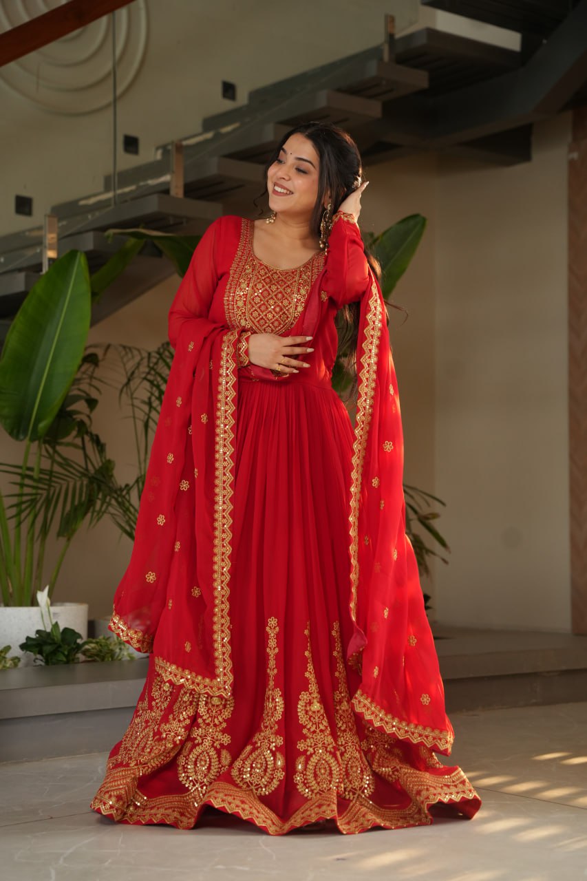 Long sleeve red gown for women
