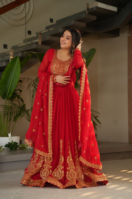 Long sleeve red gown for women
