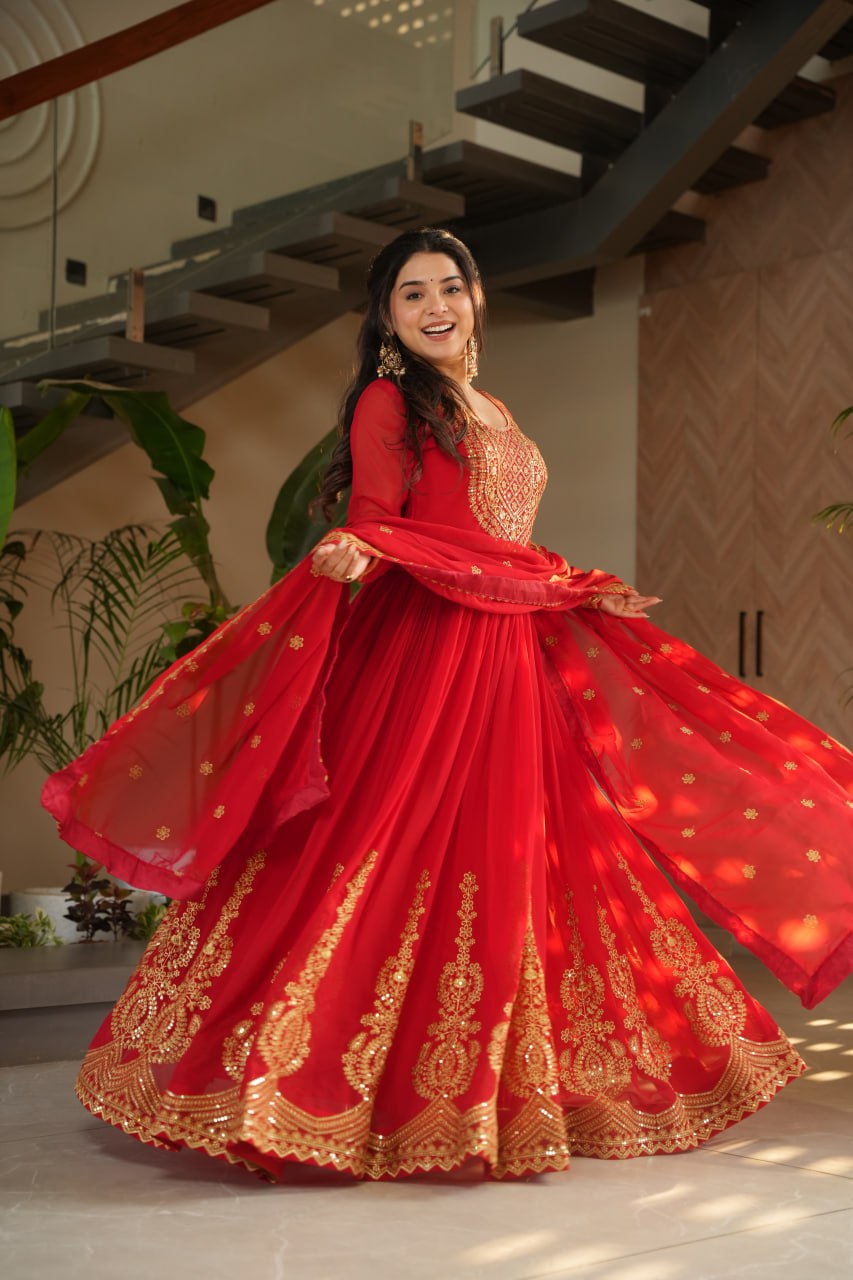 Casual long sleeve red gown for women
