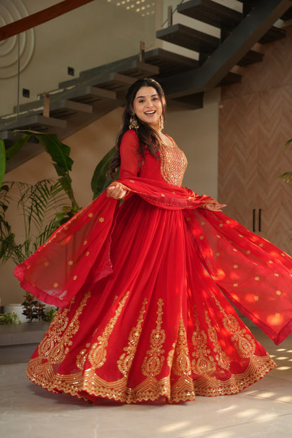 Casual long sleeve red gown for women

