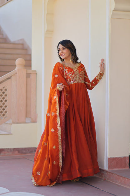 Orange color fendy gown with dupatta price