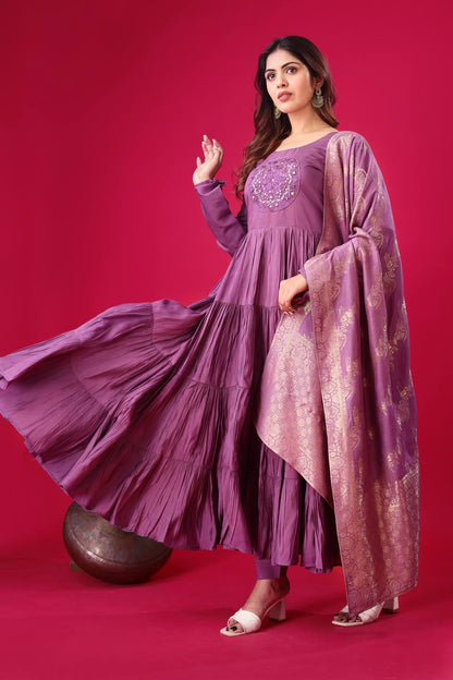Purple color roman silk salwar suit with dupatta online