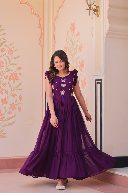 purple color faux blooming gown for women