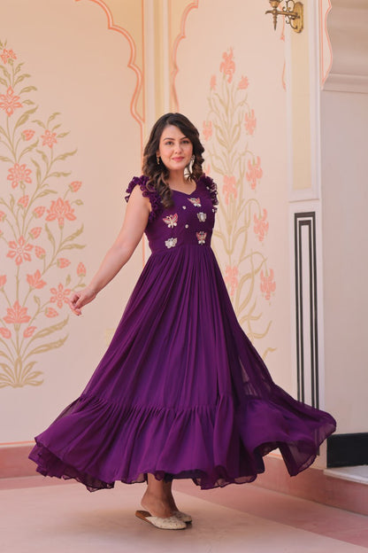 purple color faux blooming gown online shopping