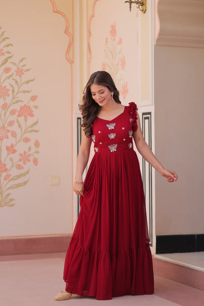 Red color faux blooming gown with online shopping