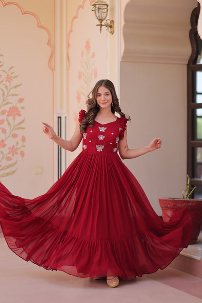 Red color faux blooming gown with price