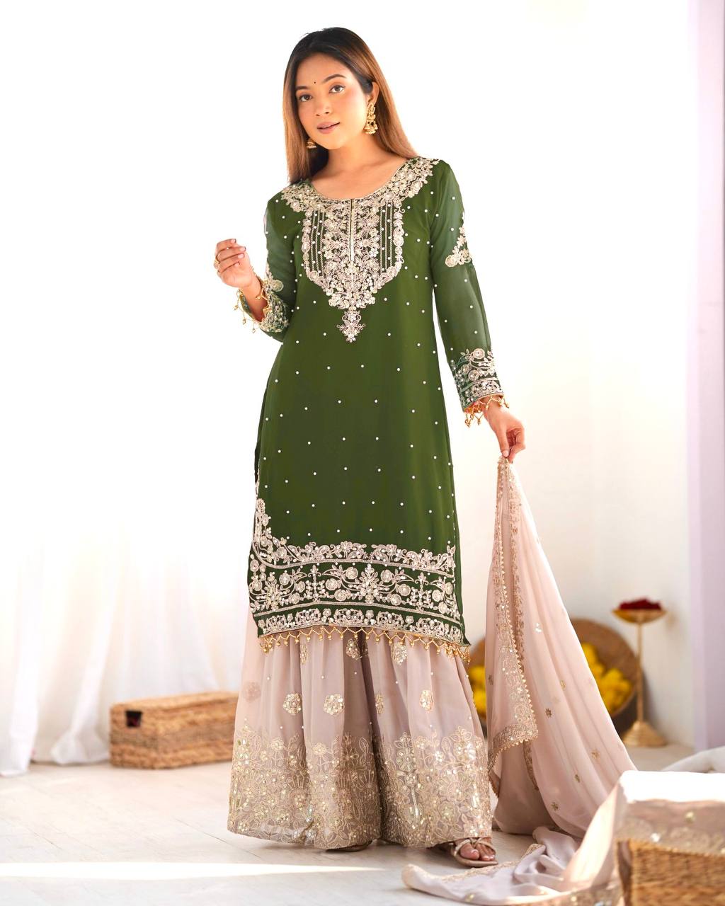 Green color georgette sharara suit for wedding