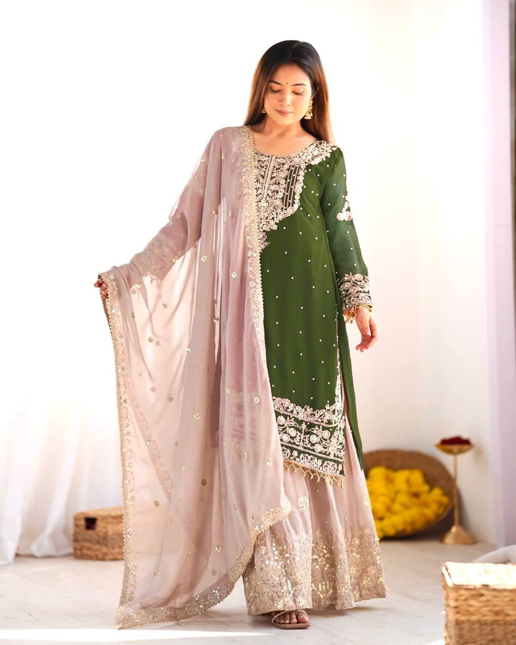 Green color georgette sharara suit for women