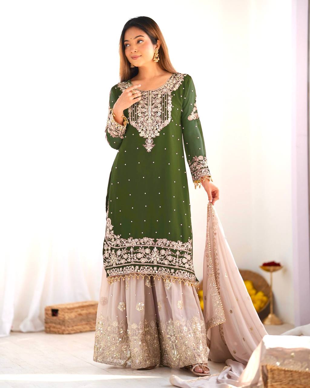 Green color georgette sharara suit with dupatta