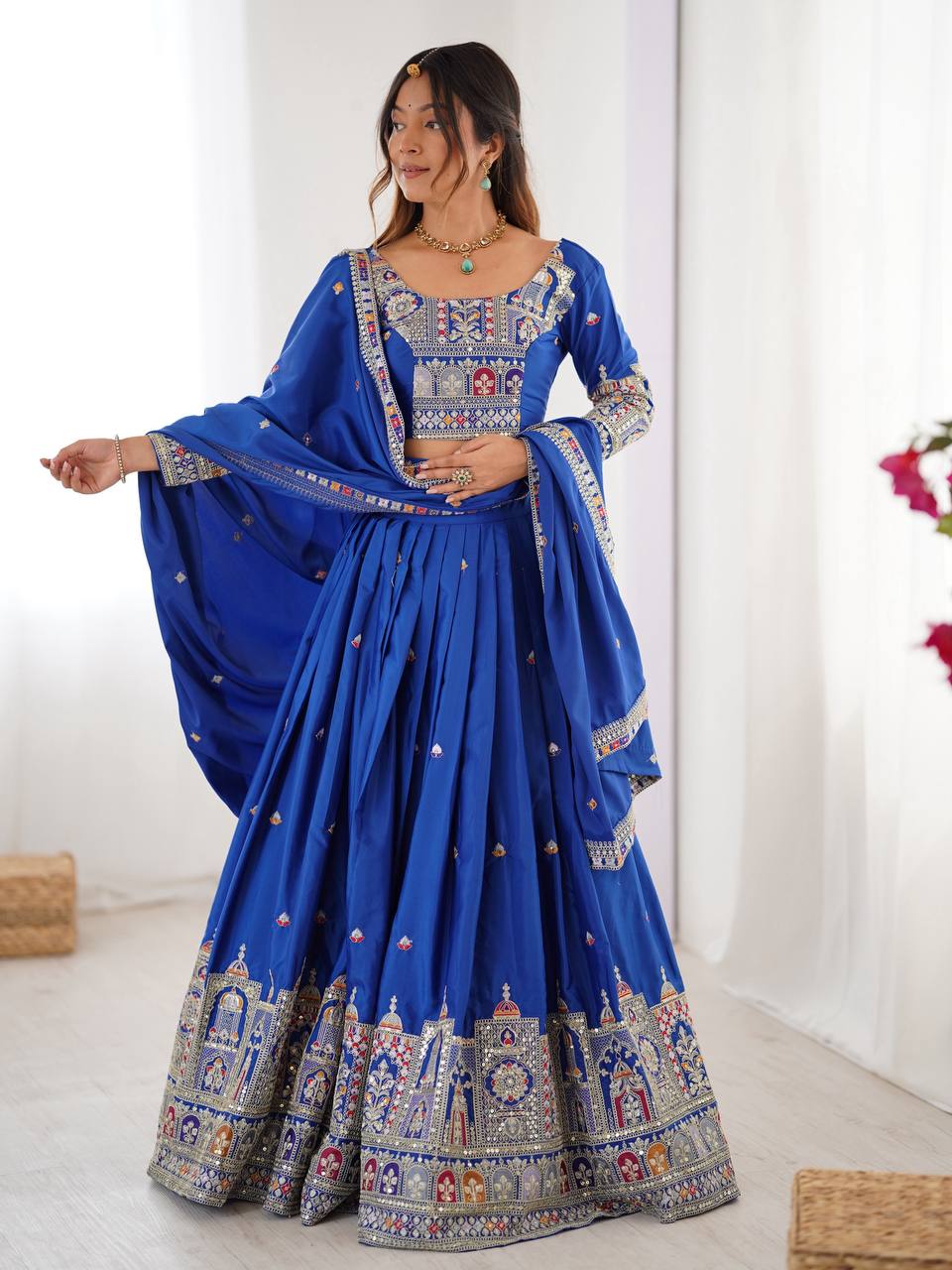 Blue color natural crep silk lehenga choli for women