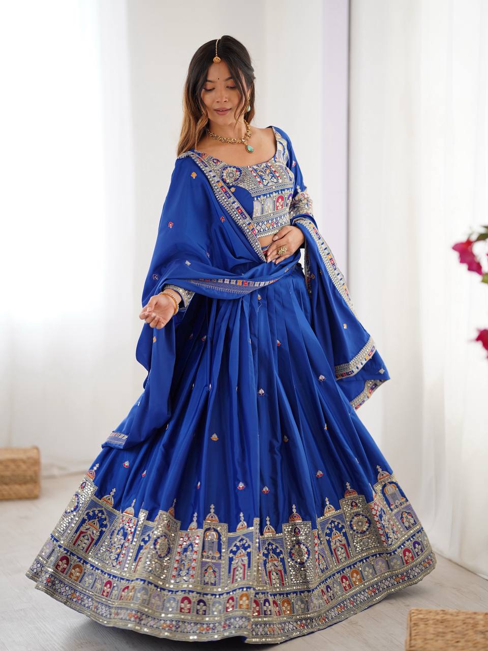 Blue color natural crep silk lehenga choli online