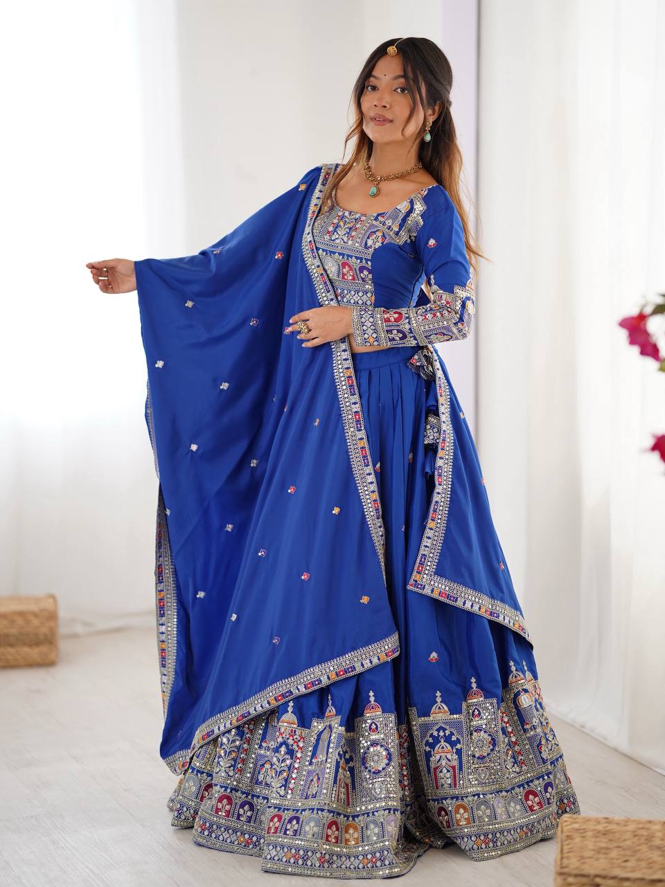 Blue color natural crep silk chaniya choli for party