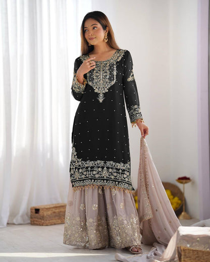 Black color georgette sharara suit with dupatta price