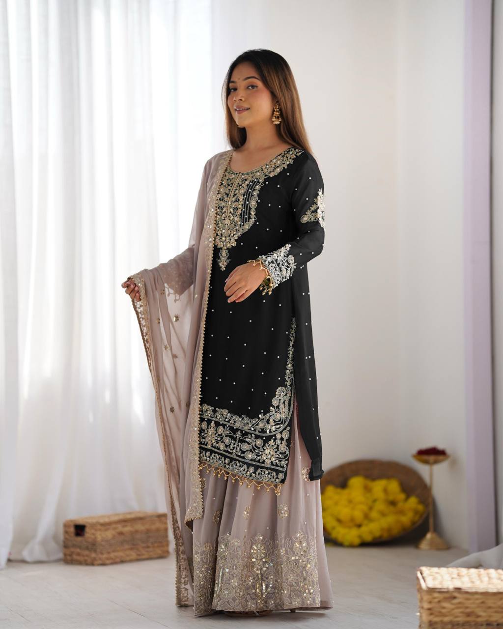 Black color georgette sharara suit with dupatta online