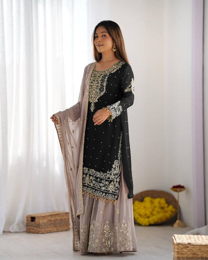 Black color georgette sharara suit with dupatta online