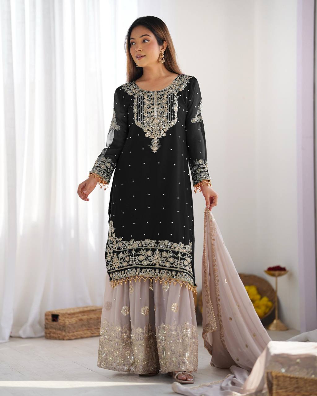Black color georgette sharara suit with dupatta 