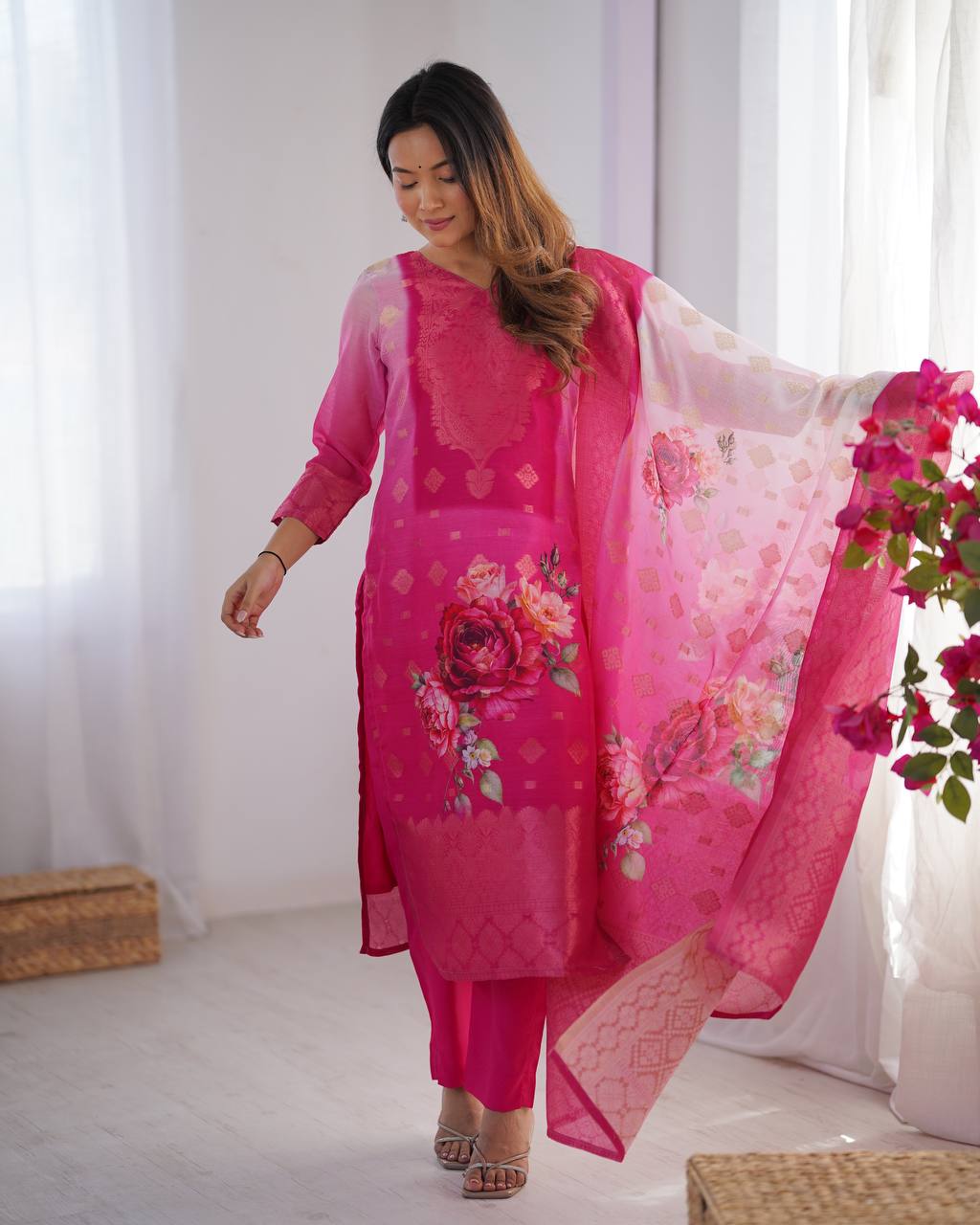 Pink chanderi silk salwar suit with dupatta online