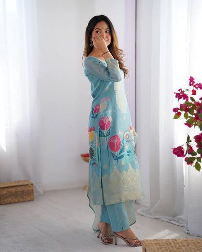 Sky color chanderi silk salwar suit for party