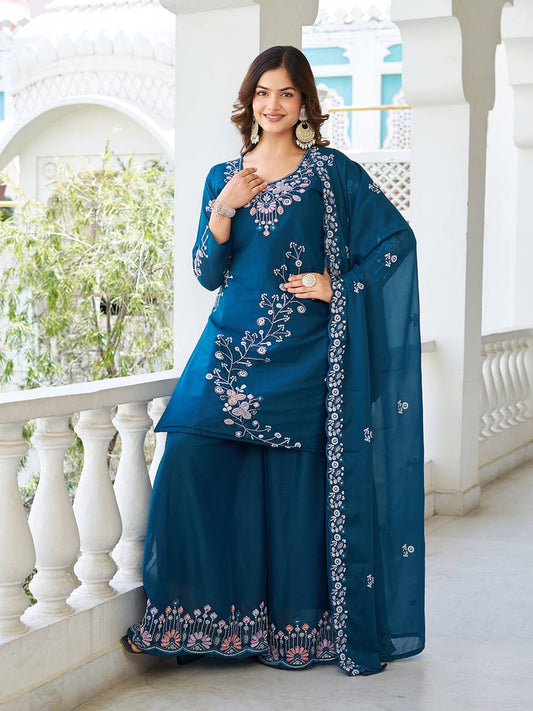 Teal color star georgette sharara suit 