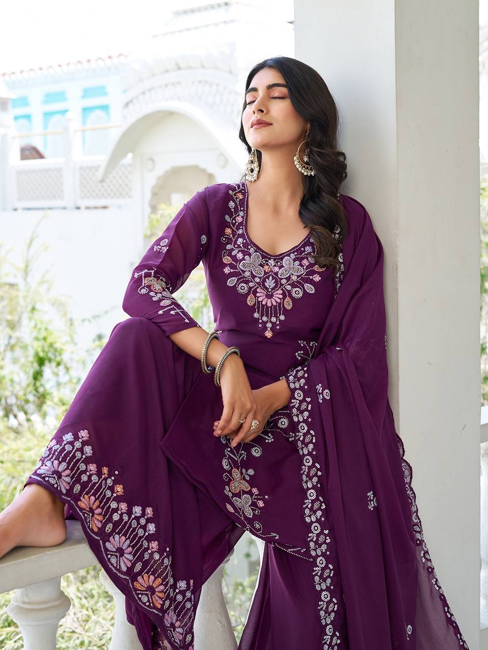 Wine georgette sharara suit with dupatta price