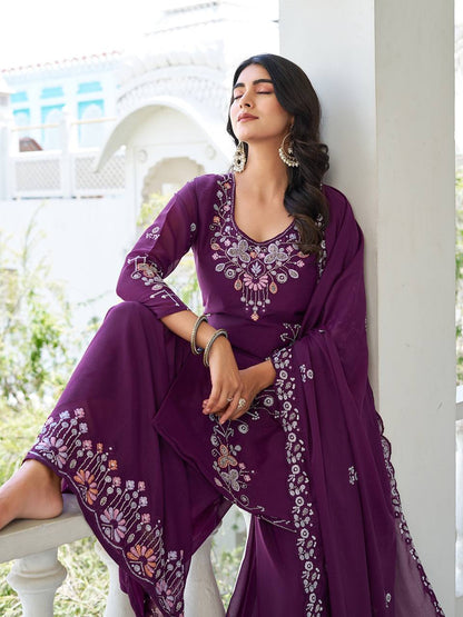Wine georgette sharara suit with dupatta price