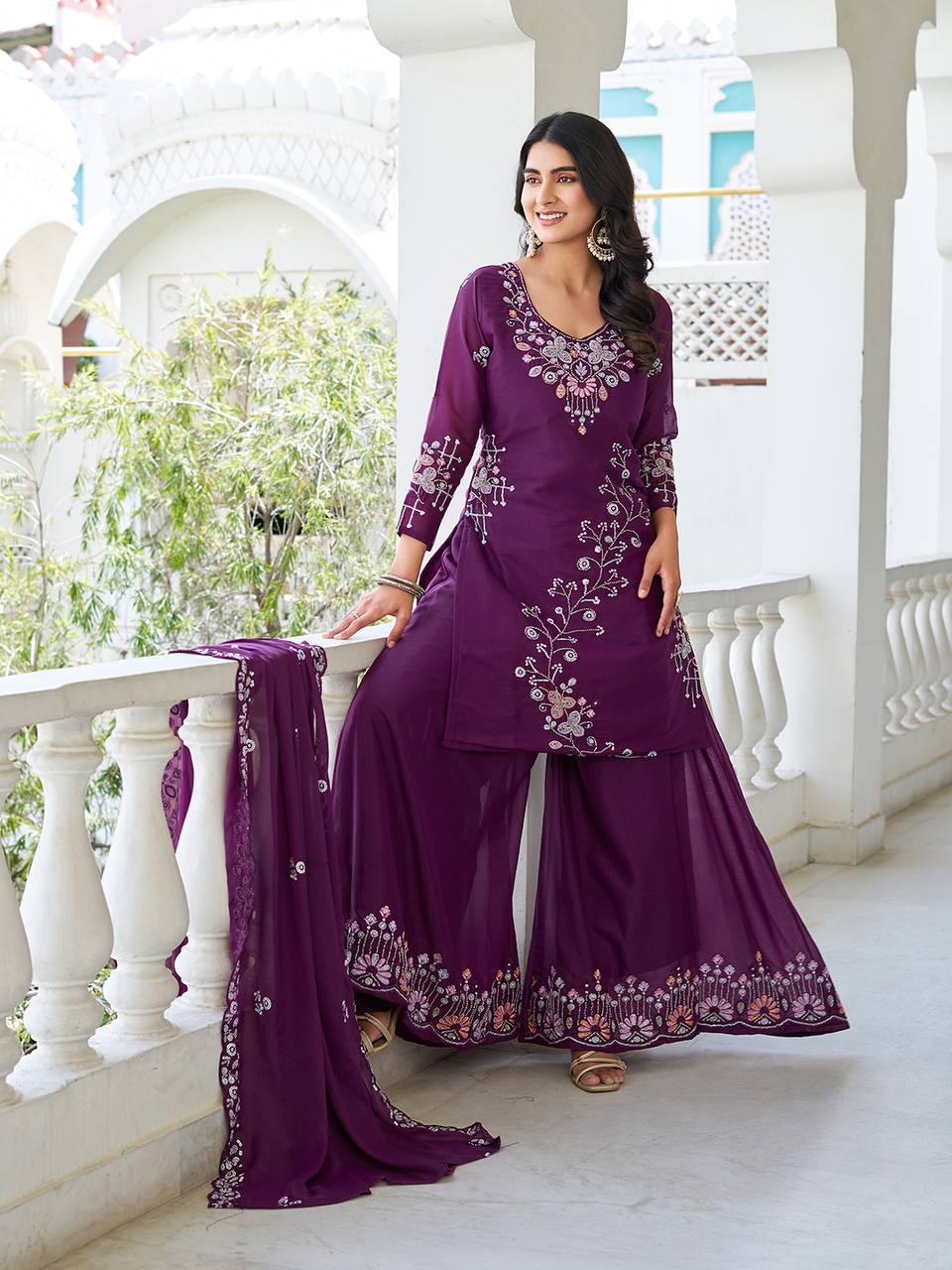 Wine color georgette sharara suit with dupatta online