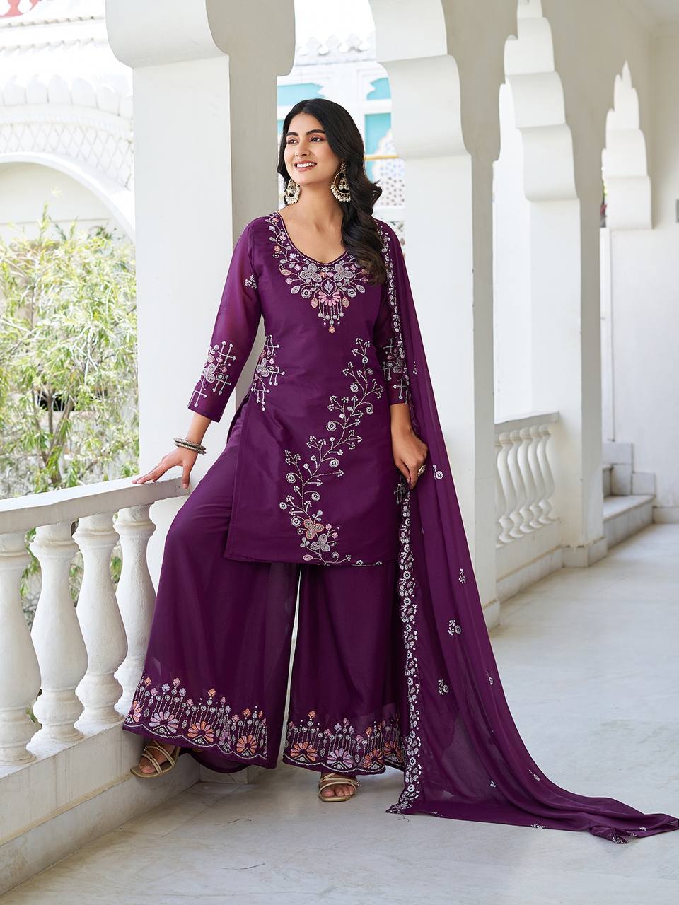 Wine color georgette sharara suit with dupatta