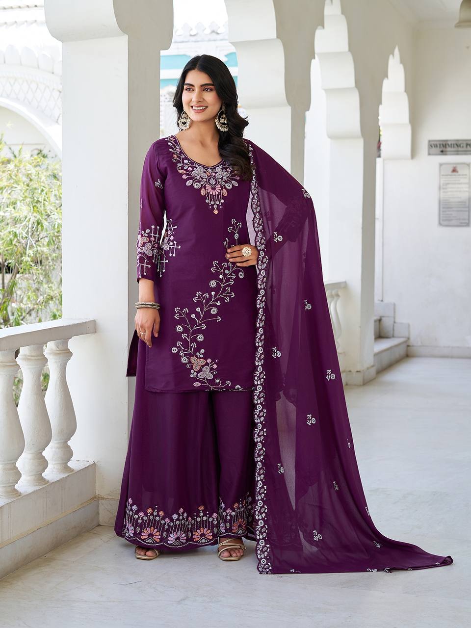 Wine color georgette sharara suit for women